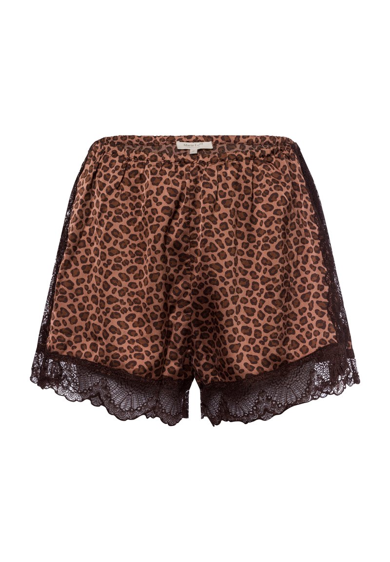 Brown satin shorts with a black lace trim, featuring a leopard print pattern. Elastic waistband for comfort and a relaxed fit.