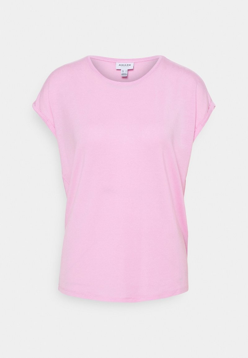 T-shirt rose à manches courtes en coton doux ; encolure ronde, coupe décontractée et manches retroussées. Design simple sans motifs ni accents visibles.