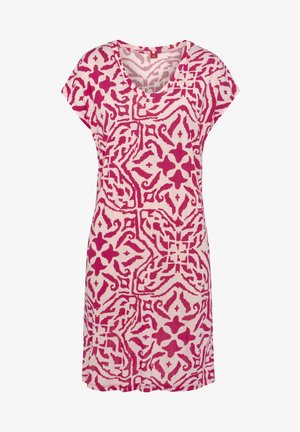 Lyhyessä vaaleanpunaisessa mekossa on kukkakuvio ja geometrinen kuosi, V-pääntie ja hihattomat hihat. Se on valmistettu pehmeästä, kevyestä kankaasta.