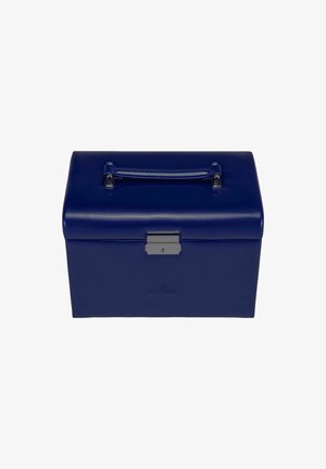 Navyblaue Aufbewahrungsbox aus strukturiertem Material, ausgestattet mit einem silbernen Metallverschluss und einem geschwungenen Griff an der Oberseite für den einfachen Transport.