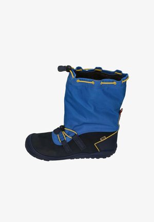 Blaue und schwarze isolierte Stiefel mit einem weichen Stoff-Obermaterial, runder Zehenpartie, verstellbarem Zugband und gelben Akzenten. Gummisohle für bessere Bodenhaftung.
