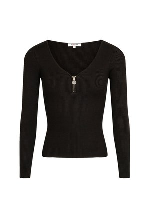 Top negro de manga larga con canalé, escote en V y detalle de cremallera en el frente. Tejido texturizado con silueta ajustada y diseño minimalista.