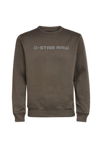 Sudadera verde olivo de algodón, con cuello redondo, puños acanalados y un destacado logotipo gráfico "G-STAR RAW" en gris.