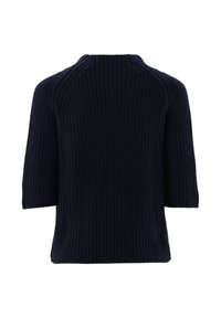 Marineblau gestrickter Pullover mit kurzen Ärmeln, gerippter Textur und Rundhalsausschnitt. Das Design verfügt über Raglanärmel und eine lockere Passform.