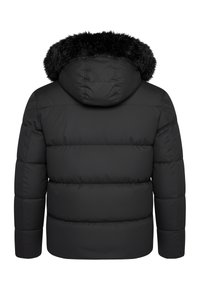 Schwarze Steppjacke mit Kapuze, die mit einem Kunstpelzbesatz versehen ist. Das Design ist gesteppt mit horizontalen Abschnitten und einer glatten Textur.