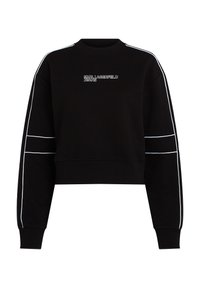 Čierny skrátený sweatshirt s dlhými rukávmi, rebrovanými manžetami a okrúhlym výstrihom. Obsahuje biele pruhy po stranách rukávov a logo text na hrudi.