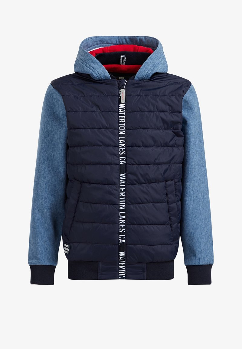 Navy quilted jacket with blue sleeves, red interior, drawstring hood, zip closure, and white text detailing "WATERTON LAKES CA" on the front.