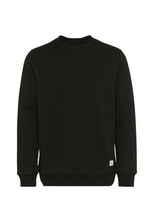 Svart sweatshirt i ribbad tyg, med rund halsringning, långa ärmar och en liten etikett på den nedre sidan.