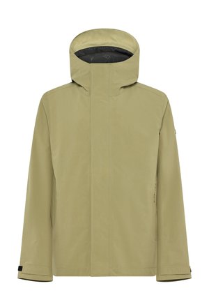 Lichtgroene waterdichte jas met een hoge kraag, verstelbare capuchon en elastische manchetten; heeft een minimalistisch ontwerp zonder zichtbare hardware.