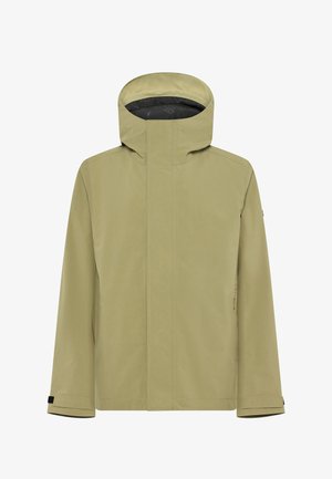 Lichtgroene waterdichte jas met een hoge kraag, verstelbare capuchon en elastische manchetten; heeft een minimalistisch ontwerp zonder zichtbare hardware.