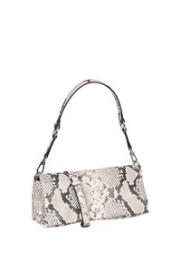 Rectangular handbag with a snakeskin pattern in shades of gray and white; features a detachable strap and buckle closure detail.