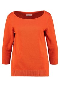 Pull en tricot orange avec un large décolleté en forme de U, des manches trois-quarts et des poignets et un ourlet côtelés. Texture douce avec un design uni.