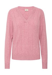 Rózsaszín kötött pulóver V-nyakkal, hosszú ujjakkal, bordás mandzsettákkal és szegéllyel, valamint függőleges panel varrással.