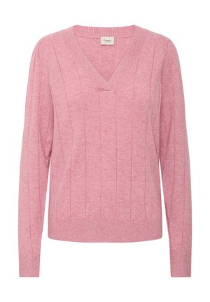 Rosa Strickpullover mit V-Ausschnitt, langen Ärmeln, gerippten Bündchen und Saum sowie vertikalen Nahtdetails.