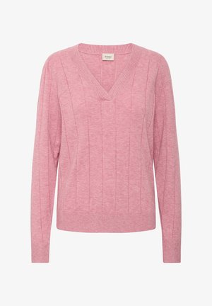 Rózsaszín kötött pulóver V-nyakkal, hosszú ujjakkal, bordás mandzsettákkal és szegéllyel, valamint függőleges panel varrással.