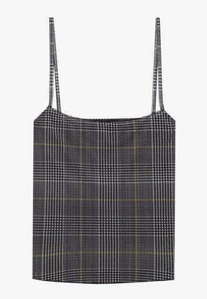 Zwart-wit geruite tanktop met dunne bandjes, voorzien van een textuurstof en gele accentlijnen door het patroon.