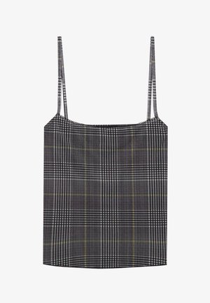 Black and white plaid tank top with thin straps, featuring a textured fabric and yellow accent lines throughout the pattern.