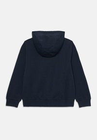 Felpa con cappuccio blu navy dal tessuto morbido, dotata di cappuccio regolabile con cordino, polsini a costine e vestibilità ampia. Solo vista posteriore.