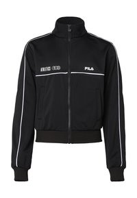 Svart zip-up träningsjacka med vita ränder, hög krage och ribbade ärmar. Har Fila- och Athletics-logotyper på framsidan.