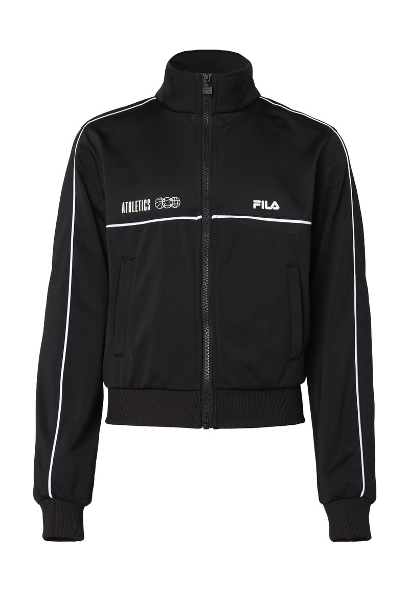 Svart zip-up träningsjacka med vita ränder, hög krage och ribbade ärmar. Har Fila- och Athletics-logotyper på framsidan.