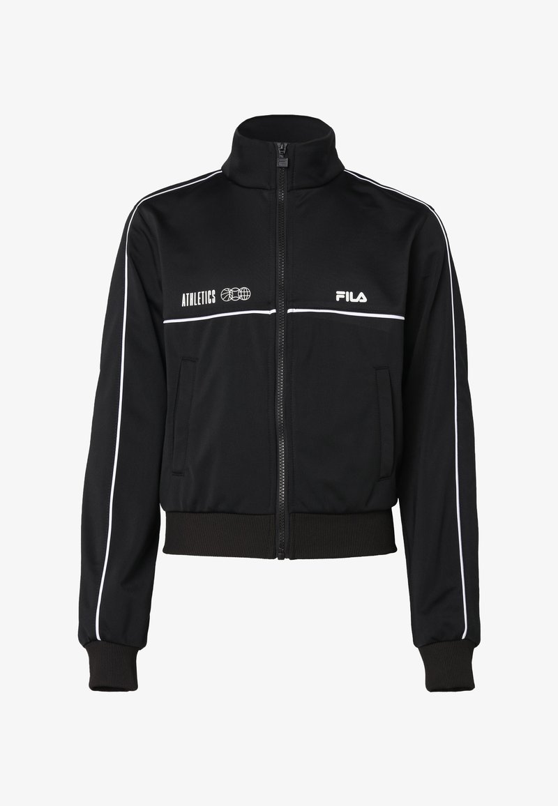 Svart zip-up träningsjacka med vita ränder, hög krage och ribbade ärmar. Har Fila- och Athletics-logotyper på framsidan.