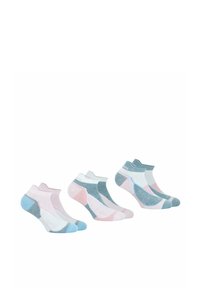 Trois paires de chaussettes chevilles en tissu doux ; les couleurs comprennent rose clair, gris et blanc. Comprend des talons et des orteils renforcés.