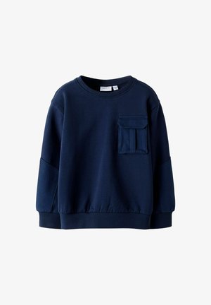Felpa blu navy con scollatura a girocollo, maniche lunghe, polsini a costine e una tasca frontale con pattina. Tessuto dalla superficie liscia.