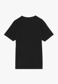 Black cotton t-shirt with short sleeves, crew neck design, and a smooth texture. No visible logos or patterns on the back.