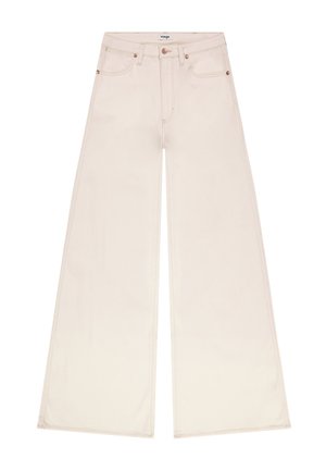 High-waist, wide-leg cream-colored jeans with front and back pockets, belt loops, and copper rivet details.