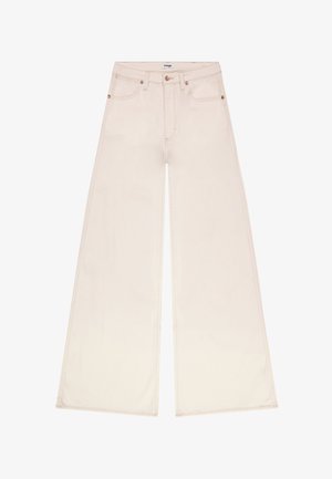 Roomy, crèmekleurige jeans met hoge taille en wijde pijpen, voorzien van voor- en achterzakken, broekriemlussen en koperen klinknageldetails.