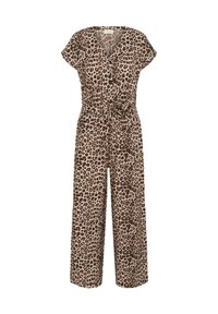 Leopardmönstrad jumpsuit med V-ringning, korta ärmar, midjebälte och vida byxor. Tillverkad av lättviktsmaterial.