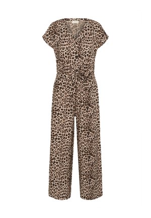 Leopardi kuosiset haalarit, joissa on V-pääntie, lyhyet hihat, vyöllinen vyötärö ja leveät lahkeet. Valmistettu kevyestä kankaasta.