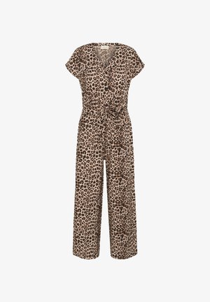 Leopardi kuosiset haalarit, joissa on V-pääntie, lyhyet hihat, vyöllinen vyötärö ja leveät lahkeet. Valmistettu kevyestä kankaasta.