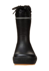 Botte noire imperméable avec une finition en caoutchouc lisse, bout rond, dessus avec cordon élastique, et semelle texturée, conçue pour le confort et la durabilité.