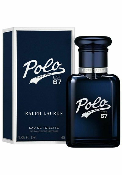 Mörkblå låda och mörk flaska av Ralph Lauren Polo Eau de Toilette, med vit text och en vintage-estetik. Storlek: 40 ml.