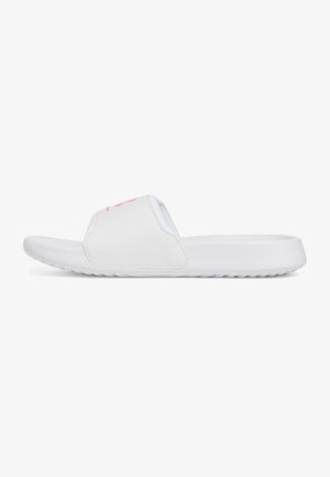 White slide sandal with a smooth synthetic upper; features a wide strap and a pink logo; textured sole for grip.