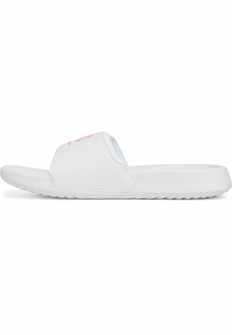Hvide slide-sandaler med en glat syntetisk overdel; har en bred rem og et pink logo; struktureret sål for godt greb.