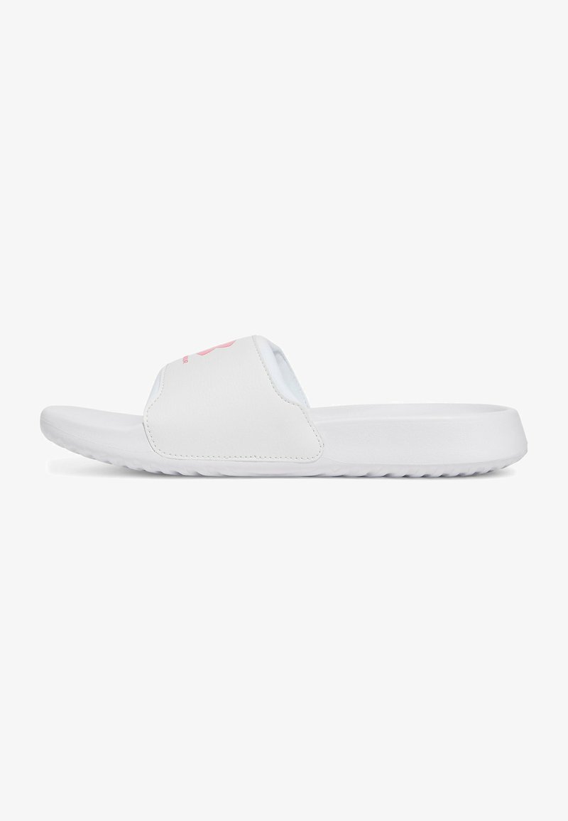 Hvide slide-sandaler med en glat syntetisk overdel; har en bred rem og et pink logo; struktureret sål for godt greb.