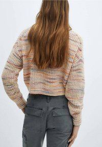 Maglione a maglia multicolore accorciato con un motivo texturizzato, abbinato a pantaloni cargo grigi a vita alta con due tasche posteriori.