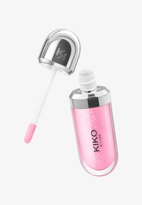 Glossy à lèvres brillant rose pailleté avec un bouchon argenté et le logo KIKO MILANO, baguette applicatrice relevée montrant une pointe d'éponge douce avec du produit.