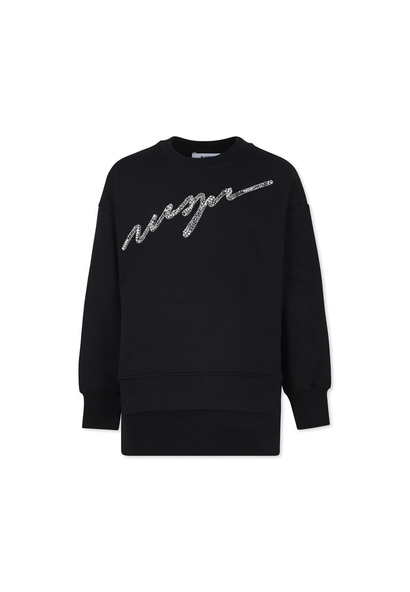 Zwarte sweatshirt met een relaxte pasvorm, ronde hals en lange mouwen. Bevat een glanzend zilveren scriptontwerp over de borst. Zacht materiaal.