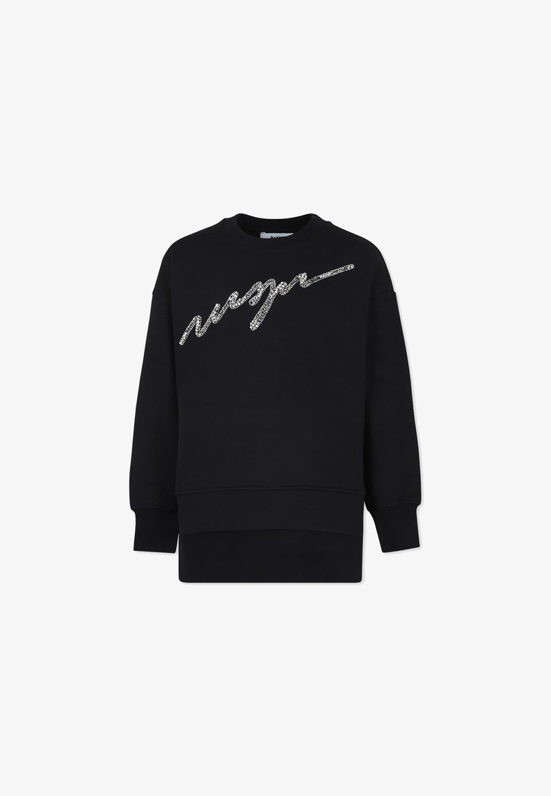 Sweatshirt noir avec une coupe décontractée, col rond et manches longues. Présente un design en script argenté brillant sur la poitrine. Matériau doux.
