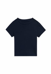 Marinblå kortärmad T-shirt gjord av ribbat tyg. Har en rund halsringning och en enkel, klassisk design utan mönster eller detaljer.
