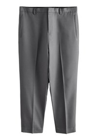Pantalon gris sur mesure avec une texture de tissu lisse, doté de poches latérales, de passants pour ceinture et d'une coupe raccourcie.