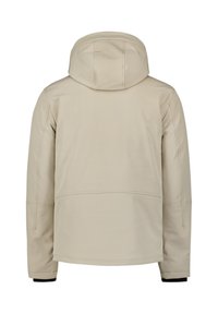 Beige softshell jas met een capuchon, met een gladde textuur, lange mouwen en zonder zichtbare sluitingen op de achterkant.