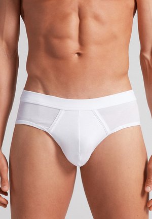 Weißer Herrenunterwäsche aus weichem Stoff, mit einem einfarbigen Design, elastischem Bund und strukturierter Vorderseite.