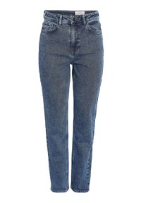 Modré džínsové nohavice s vysokým pásom a rovnými nohavicami, so zapínaním na predné gombíky a zips, s prednými a zadnými vreckami, zobrazené na bielom pozadí.