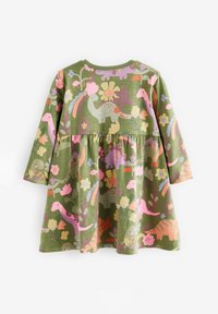 Zielona sukienka dla malucha z długim rękawem, z kolorowymi wzorami dinozaurów i kwiatów w odcieniach różu, fioletu, pomarańczu i żółci.