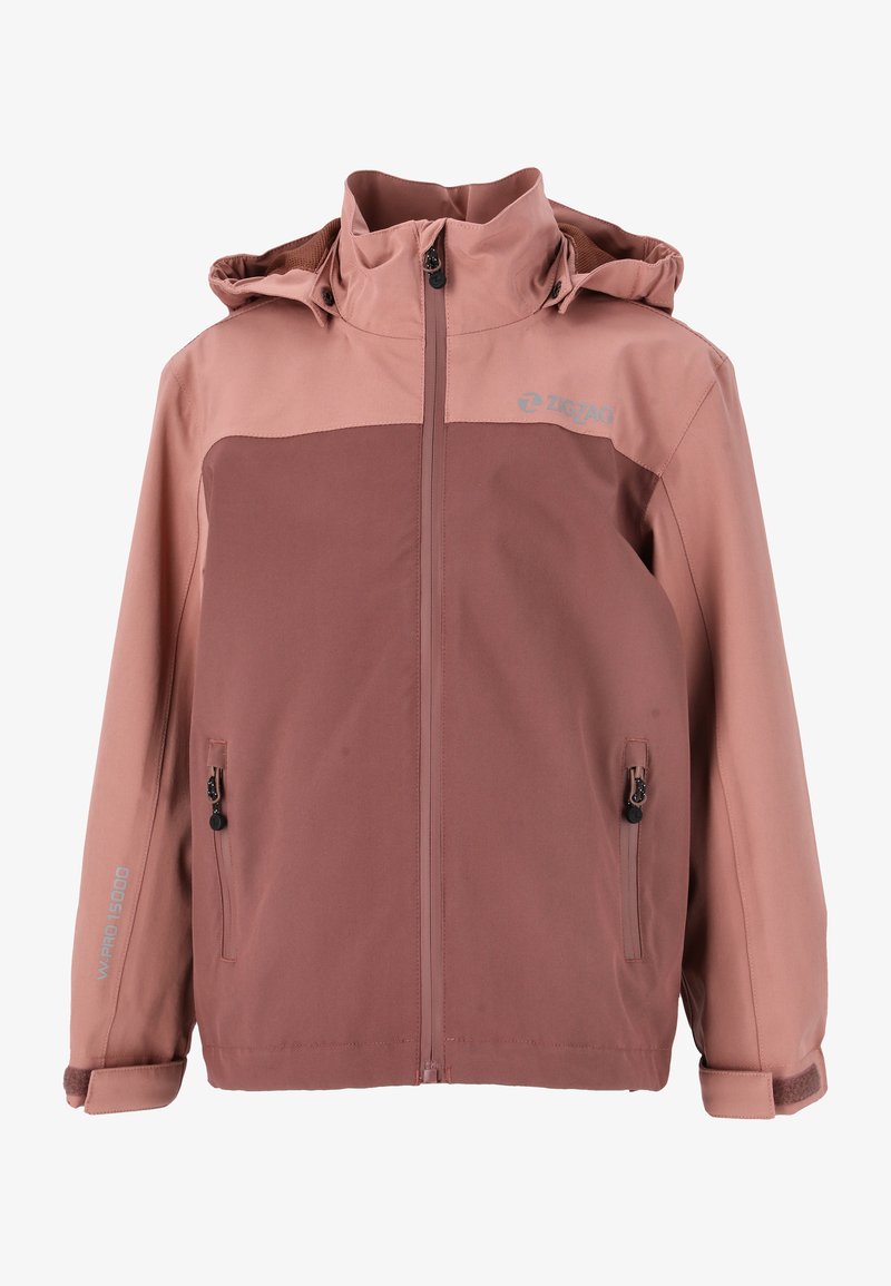 Vandafvisende jakke i en rosenrød farve, udstyret med hætte, lynlåslommer og et kontrasterende tekstureret øverste panel.