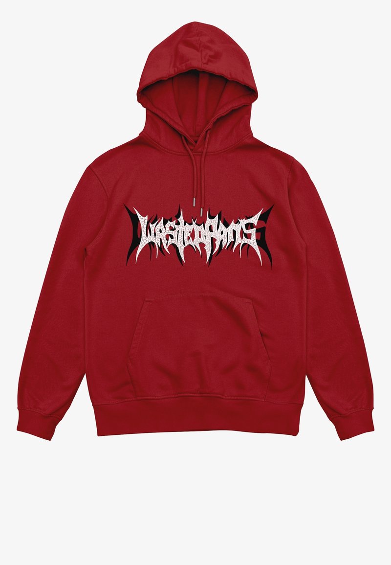 Sudadera con capucha roja de algodón con un bolsillo canguro en la parte delantera. Presenta un atrevido texto gráfico en blanco y negro en el pecho.